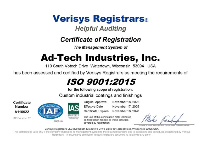 Ad-Tech Industries Inc. ISO 9001 2015 Certificate 11-17-2025